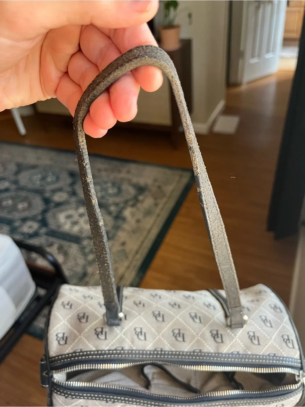 Dooney & Bourke Beige and Black Monogram Barrel Bag with Charm